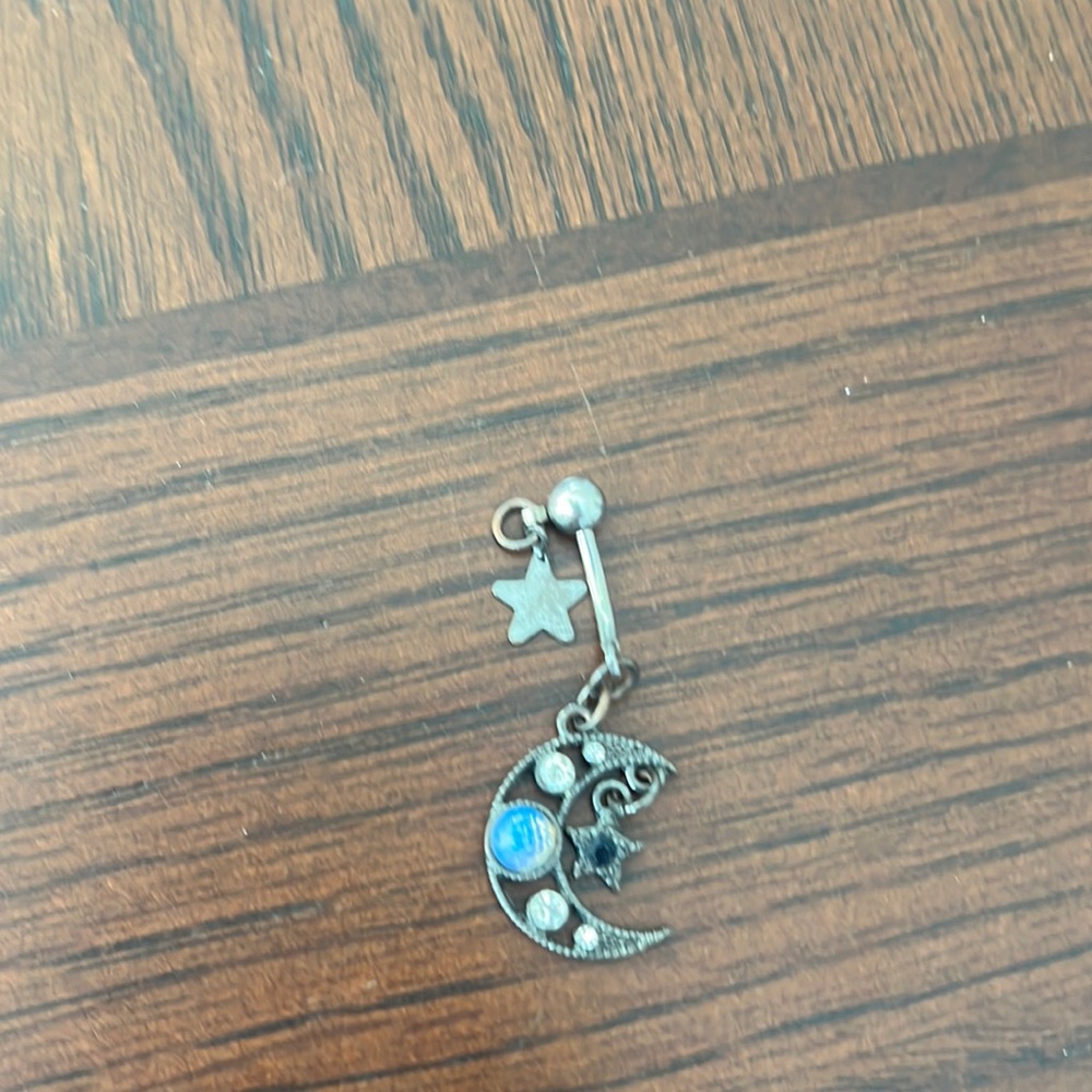 Moon And Star Navel Ring w Blue Opal Crystal and Star Top Dangle